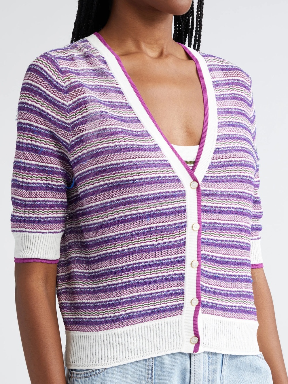Veronica Beard Purple and White Striped V-Neck Button Cardigan